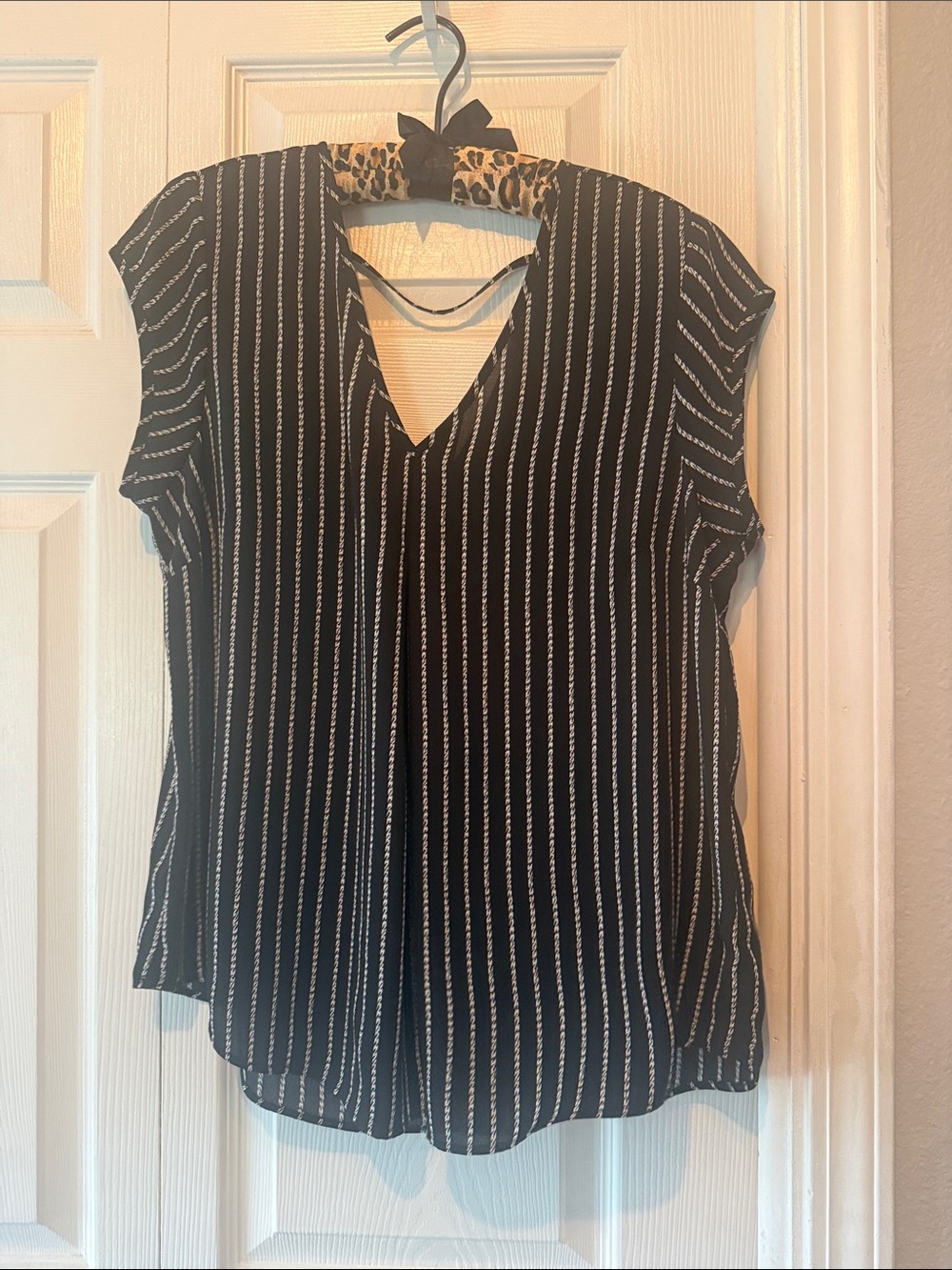 Halogen Black Vertical Stripe V-Neck Cap-Sleeve Blouse